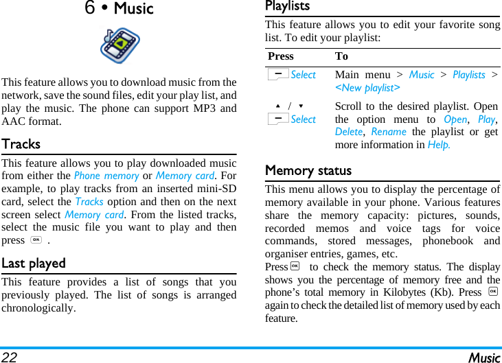 22 Music6 • MusicThis feature allows you to download music from thenetwork, save the sound files, edit your play list, andplay the music. The phone can support MP3 andAAC format.TracksThis feature allows you to play downloaded musicfrom either the Phone memory or Memory card. Forexample, to play tracks from an inserted mini-SDcard, select the Tracks option and then on the nextscreen select Memory card. From the listed tracks,select the music file you want to play and thenpress,.Last playedThis feature provides a list of songs that youpreviously played. The list of songs is arrangedchronologically.PlaylistsThis feature allows you to edit your favorite songlist. To edit your playlist:Memory statusThis menu allows you to display the percentage ofmemory available in your phone. Various featuresshare the memory capacity: pictures, sounds,recorded memos and voice tags for voicecommands, stored messages, phonebook andorganiser entries, games, etc.Press,  to check the memory status. The displayshows you the percentage of memory free and thephone’s total memory in Kilobytes (Kb). Press ,again to check the detailed list of memory used by eachfeature.Press ToL Select Main menu &gt; Music &gt; Playlists &gt;&lt;New playlist&gt;+/-L SelectScroll to the desired playlist. Openthe option menu to Open,  Play,Delete,  Rename the playlist or getmore information in Help.