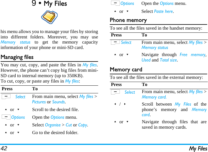 42 My Files9 • My Fileshis menu allows you to manage your files by storinginto different folders. Moreover, you may useMemory status to get the memory capacityinformation of your phone or mini-SD card.Managing filesYou may cut, copy, and paste the files in My files.However, the phone can’t copy big files from mini-SD card to internal memory (up to 350KB).To cut, copy, or paste any files in My files:Phone memoryTo see all the files saved in the handset memory:Memory cardTo see all the files saved in the external memory:Press ToL Select From main menu, select My files &gt;Pictures or Sounds.+or-Scroll to the desired file.R Options Open the Options menu.+or-Select Organise &gt; Cut or Copy.+or-Go to the desired folder.R Options Open the Options menu.+or-Select Paste here.Press ToL Select From main menu, select My files &gt;Memory status+or-Navigate through Free memory,Used and Total size.Press ToL Select From main menu, select My files &gt;Memory card.&lt;/&gt;Scroll between My Files of thephone’s memory and Memorycard.+or-Navigate through files that aresaved in memory cards.