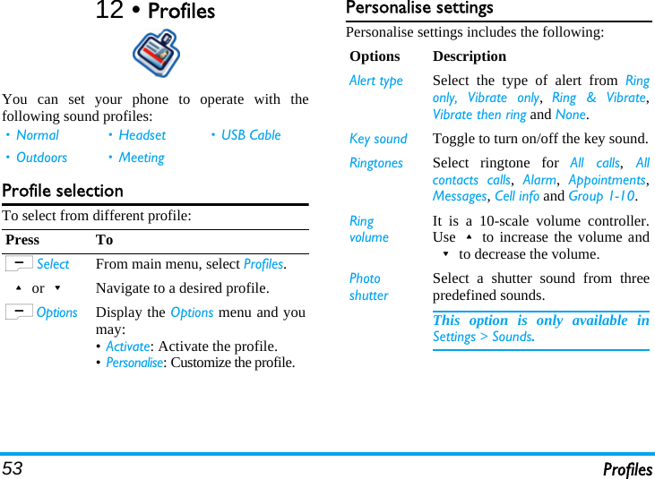 53 Profiles12 • ProfilesYou can set your phone to operate with thefollowing sound profiles:Profile selectionTo select from different profile:Personalise settingsPersonalise settings includes the following:•Normal •Headset •USB Cable• Outdoors • MeetingPress ToL Select From main menu, select Profiles.+or-Navigate to a desired profile.L Options Display the Options menu and youmay:•Activate: Activate the profile.•Personalise: Customize the profile.Options DescriptionAlert type Select the type of alert from Ringonly, Vibrate only,  Ring &amp; Vibrate,Vibrate then ring and None.Key sound Toggle to turn on/off the key sound.Ringtones Select ringtone for All calls, Allcontacts calls, Alarm, Appointments,Messages, Cell info and Group 1-10.RingvolumeIt is a 10-scale volume controller.Use+to increase the volume and-to decrease the volume.Photo shutterSelect a shutter sound from threepredefined sounds.This option is only available inSettings &gt; Sounds.