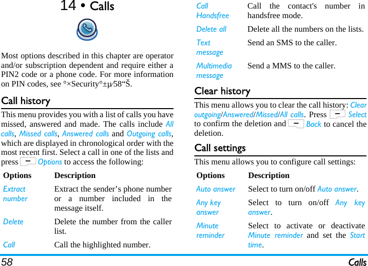58 Calls14 • CallsMost options described in this chapter are operatorand/or subscription dependent and require either aPIN2 code or a phone code. For more informationon PIN codes, see °×Security°±µ⁄58“Š.Call historyThis menu provides you with a list of calls you havemissed, answered and made. The calls include Allcalls, Missed calls, Answered calls and Outgoing calls,which are displayed in chronological order with themost recent first. Select a call in one of the lists andpress L Options to access the following:Clear historyThis menu allows you to clear the call history: Clearoutgoing/Answered/Missed/All calls. Press L Selectto confirm the deletion and R Back to cancel thedeletion.Call settingsThis menu allows you to configure call settings:Options DescriptionExtract numberExtract the sender’s phone numberor a number included in themessage itself.Delete Delete the number from the callerlist.Call Call the highlighted number.Call HandsfreeCall the contact&apos;s number inhandsfree mode.Delete all Delete all the numbers on the lists.TextmessageSend an SMS to the caller.MultimediamessageSend a MMS to the caller.Options DescriptionAuto answer Select to turn on/off Auto answer.Any keyanswerSelect to turn on/off Any keyanswer.MinutereminderSelect to activate or deactivateMinute reminder and set the Starttime.