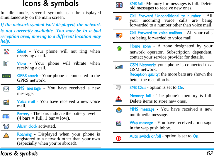 Icons &amp; symbols 62Icons &amp; symbolsIn idle mode, several symbols can be displayedsimultaneously on the main screen.If the network symbol isn’t displayed, the networkis not currently available. You may be in a badreception area, moving to a different location mayhelp.Silent - Your phone will not ring whenreceiving a call.Vibra - Your phone will vibrate whenreceiving a call.GPRS attach - Your phone is connected to theGPRS network.SMS message - You have received a newmessage.Voice mail - You have received a new voicemail.Battery - The bars indicate the battery level (4 bars = full, 1 bar = low).Alarm clock activated.Roaming - Displayed when your phone isregistered to a network other than your own(especially when you’re abroad).SMS full - Memory for messages is full. Deleteold messages to receive new ones.Call Forward Unconditional to number - Allyour incoming voice calls are beingforwarded to a number other than voice mail.Call Forward to voice mailbox - All your callsare being forwarded to voice mail.Home zone - A zone designated by yournetwork operator. Subscription dependent,contact your service provider for details.GSM Network: your phone is connected to aGSM network.Reception quality: the more bars are shown thebetter the reception is.SMS Chat - option is set to On.Memory full - The phone’s memory is full.Delete items to store new ones.MMS message - You have received a newmultimedia message.Wap message - You have received a messagein the wap push inbox.Auto switch on/off - option is set to On.