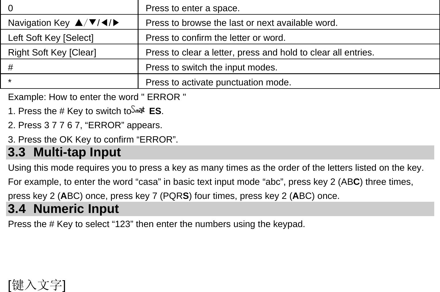  [键入文字] 0  Press to enter a space. Navigation Key ▲/▼/◀/▶  Press to browse the last or next available word. Left Soft Key [Select]  Press to confirm the letter or word. Right Soft Key [Clear]  Press to clear a letter, press and hold to clear all entries. #  Press to switch the input modes. *  Press to activate punctuation mode. Example: How to enter the word &quot; ERROR &quot; 1. Press the # Key to switch to  ES. 2. Press 3 7 7 6 7, “ERROR” appears. 3. Press the OK Key to confirm “ERROR”. 3.3 Multi-tap Input Using this mode requires you to press a key as many times as the order of the letters listed on the key. For example, to enter the word “casa” in basic text input mode “abc”, press key 2 (ABC) three times, press key 2 (ABC) once, press key 7 (PQRS) four times, press key 2 (ABC) once. 3.4 Numeric Input Press the # Key to select “123” then enter the numbers using the keypad.    