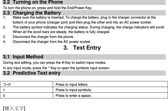  [键入文字] 2.2  Turning on the Phone   To turn the phone on, press and hold the End/Power Key.   2.3  Charging the Battery 1.  Make sure the battery is inserted. To charge the battery, plug in the charger connector at the bottom of your phone (charger port) and then plug the other end into an AC power socket. 2.  The battery symbol indicates the charging status. During charging, the charge indicators will scroll. When all the scroll bars are steady, the battery is fully charged.   3.  Disconnect the charger from the phone. 4.  Disconnect the charger from the AC power socket. 3.  Text Entry 3.1  Input Method During text editing, you can press the # Key to switch input modes. In any input mode, press the * Key to open the symbols input screen.   3.2  Predictive Text entry  “2~9”       Press to input letters. 1 Press to input symbols. 0 Press to enter a space. 