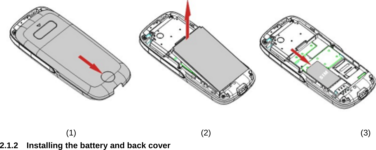                      (1)                              (2)                                    (3) 2.1.2  Installing the battery and back cover          