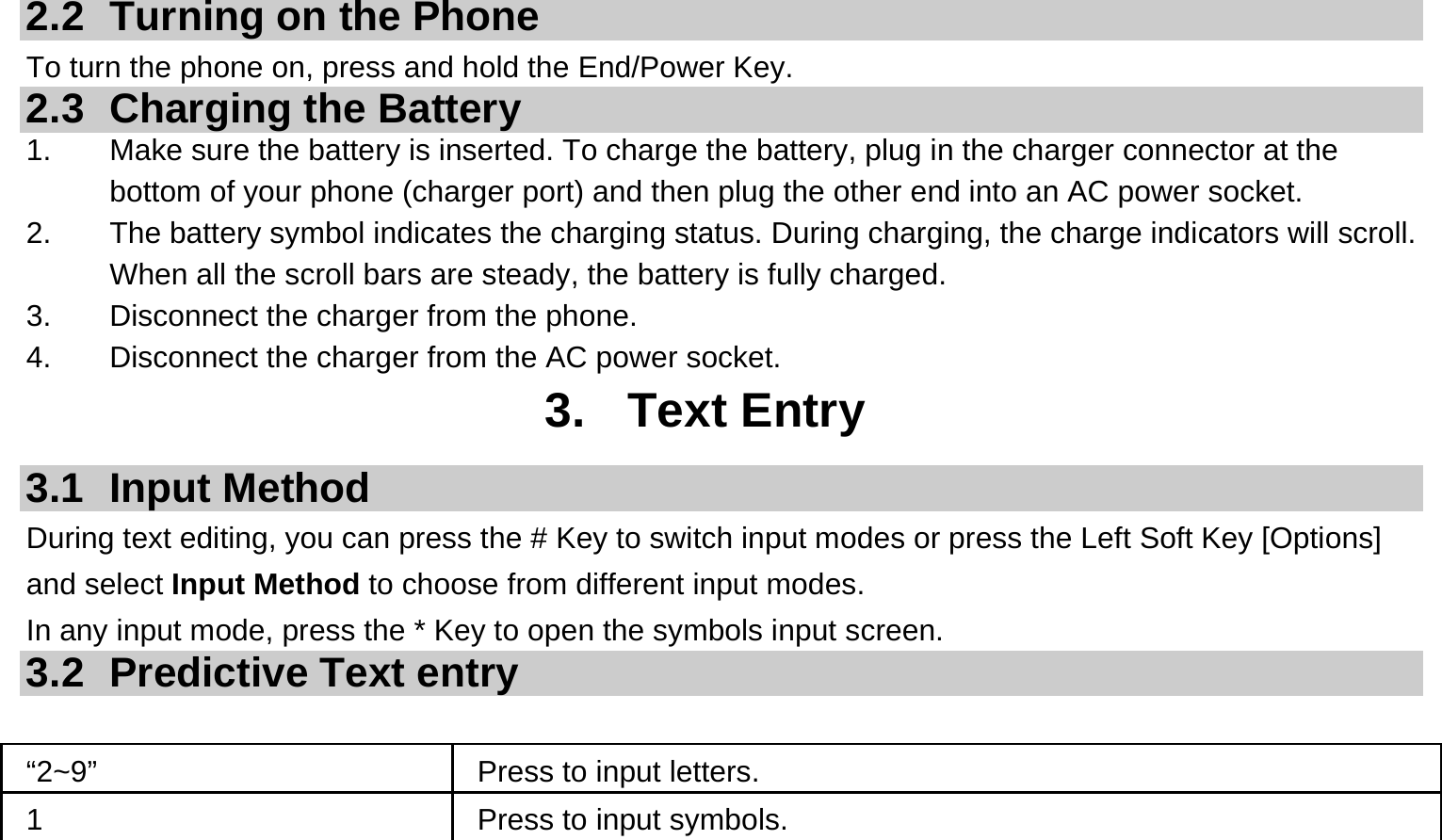   2.2  Turning on the Phone   To turn the phone on, press and hold the End/Power Key.   2.3 Charging the Battery 1.  Make sure the battery is inserted. To charge the battery, plug in the charger connector at the bottom of your phone (charger port) and then plug the other end into an AC power socket. 2.  The battery symbol indicates the charging status. During charging, the charge indicators will scroll. When all the scroll bars are steady, the battery is fully charged.   3.  Disconnect the charger from the phone. 4.  Disconnect the charger from the AC power socket. 3. Text Entry 3.1 Input Method During text editing, you can press the # Key to switch input modes or press the Left Soft Key [Options] and select Input Method to choose from different input modes. In any input mode, press the * Key to open the symbols input screen.   3.2 Predictive Text entry  “2~9”     Press to input letters. 1  Press to input symbols. 