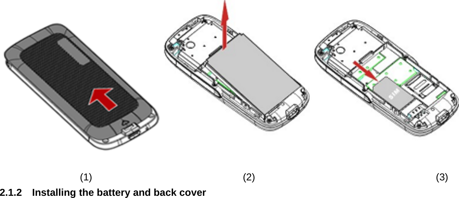                     (1)                              (2)                                    (3) 2.1.2  Installing the battery and back cover          