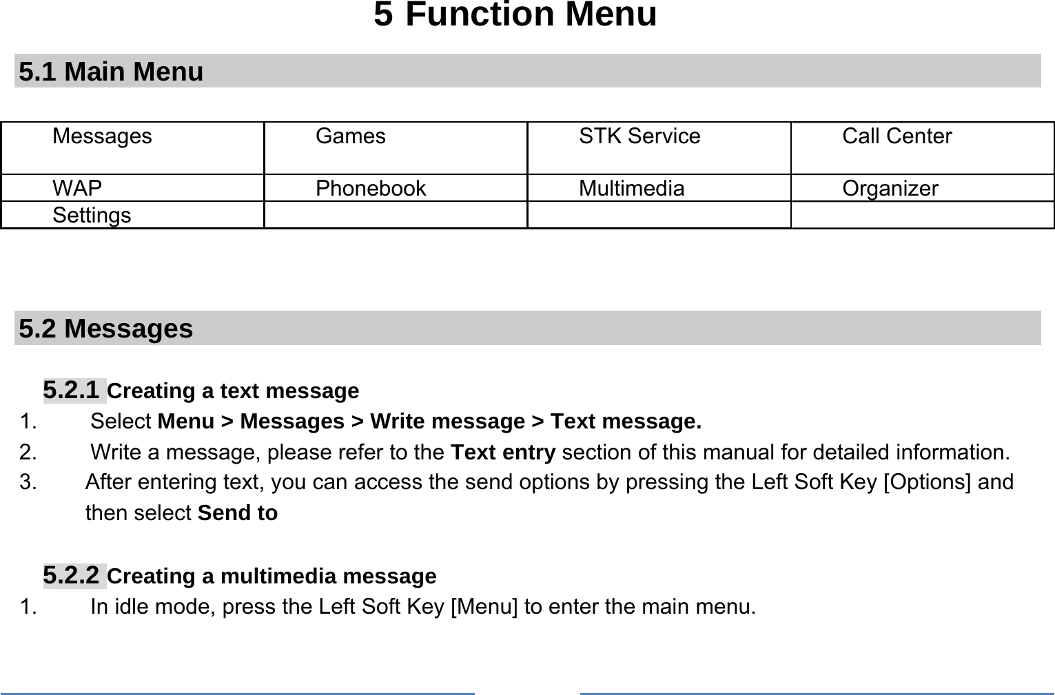     5 Function Menu 5.1 Main Menu  Messages  Games STK Service Call Center WAP Phonebook Multimedia Organizer Settings              5.2 Messages  5.2.1 Creating a text message 1.   Select Menu &gt; Messages &gt; Write message &gt; Text message. 2.    Write a message, please refer to the Text entry section of this manual for detailed information. 3.  After entering text, you can access the send options by pressing the Left Soft Key [Options] and then select Send to  5.2.2 Creating a multimedia message 1.  In idle mode, press the Left Soft Key [Menu] to enter the main menu. 