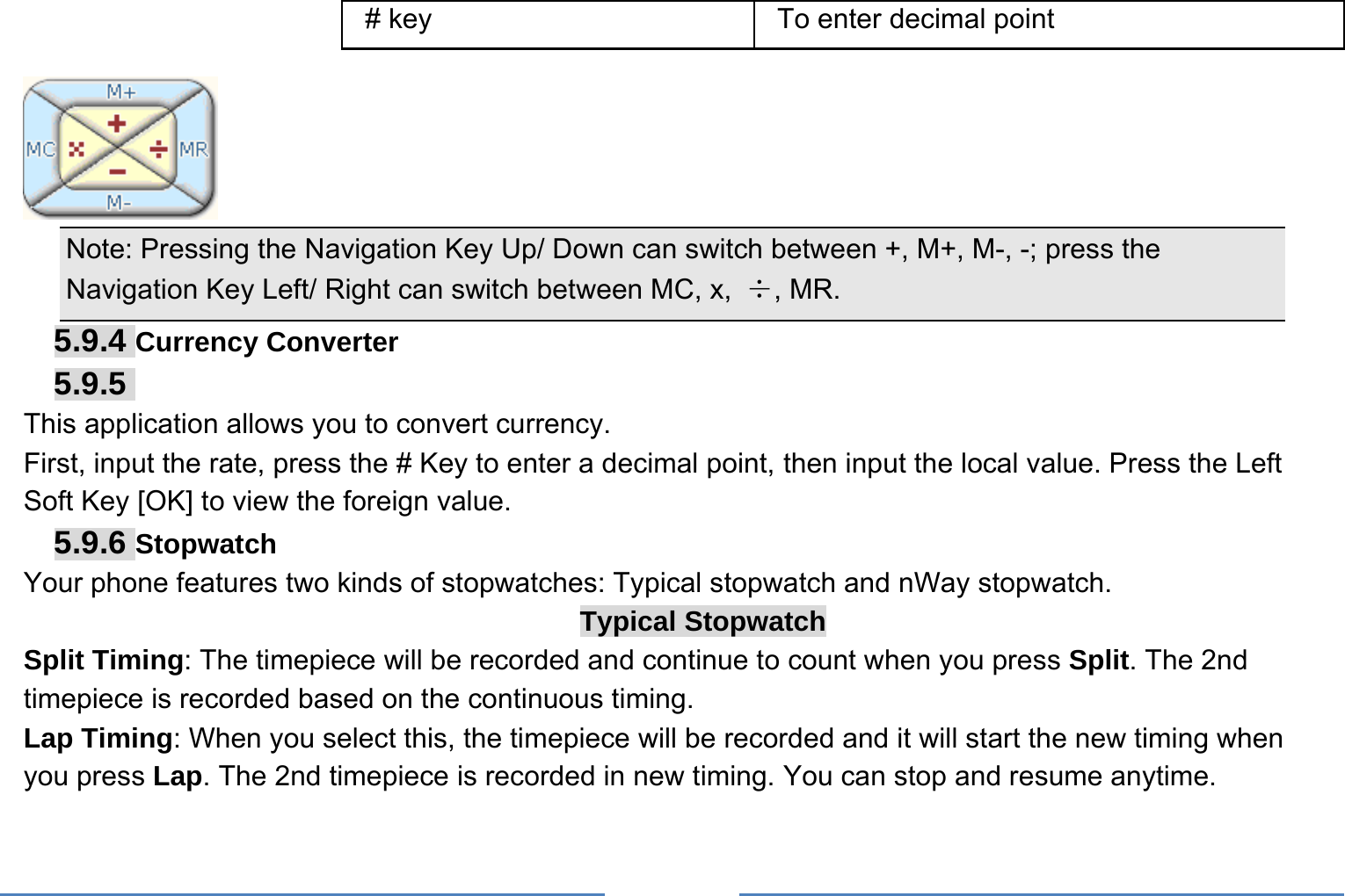        Note: Pressing the Navigation Key Up/ Down can switch between +, M+, M-, -; press the Navigation Key Left/ Right can switch between MC, x,  ÷, MR. 5.9.4 Currency Converter5.9.5  This application allows you to convert currency. First, input the rate, press the # Key to enter a decimal point, then input the local value. Press the Left Soft Key [OK] to view the foreign value.   5.9.6 Stopwatch Your phone features two kinds of stopwatches: Typical stopwatch and nWay stopwatch. Typical Stopwatch Split Timing: The timepiece will be recorded and continue to count when you press Split. The 2nd timepiece is recorded based on the continuous timing. Lap Timing: When you select this, the timepiece will be recorded and it will start the new timing when you press Lap. The 2nd timepiece is recorded in new timing. You can stop and resume anytime. # key  To enter decimal point 