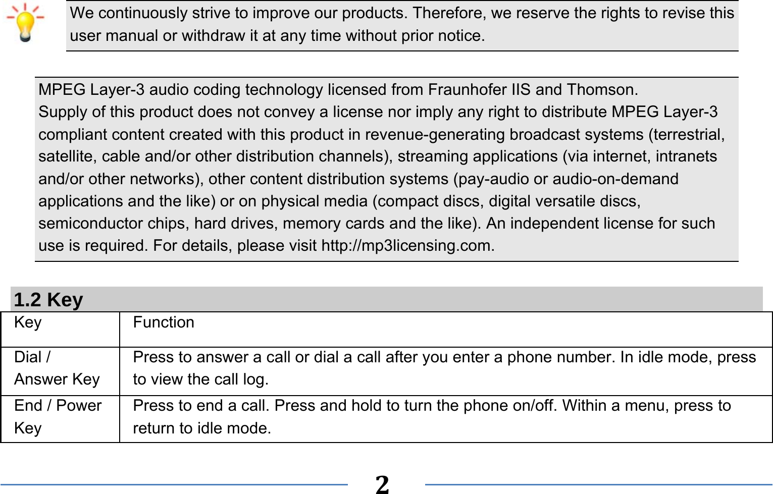   2   We continuously strive to improve our products. Therefore, we reserve the rights to revise this user manual or withdraw it at any time without prior notice.    MPEG Layer-3 audio coding technology licensed from Fraunhofer IIS and Thomson. Supply of this product does not convey a license nor imply any right to distribute MPEG Layer-3 compliant content created with this product in revenue-generating broadcast systems (terrestrial, satellite, cable and/or other distribution channels), streaming applications (via internet, intranets and/or other networks), other content distribution systems (pay-audio or audio-on-demand applications and the like) or on physical media (compact discs, digital versatile discs, semiconductor chips, hard drives, memory cards and the like). An independent license for such use is required. For details, please visit http://mp3licensing.com.  1.2 Key Key Function  Dial / Answer Key Press to answer a call or dial a call after you enter a phone number. In idle mode, press to view the call log. End / Power Key Press to end a call. Press and hold to turn the phone on/off. Within a menu, press to return to idle mode. 