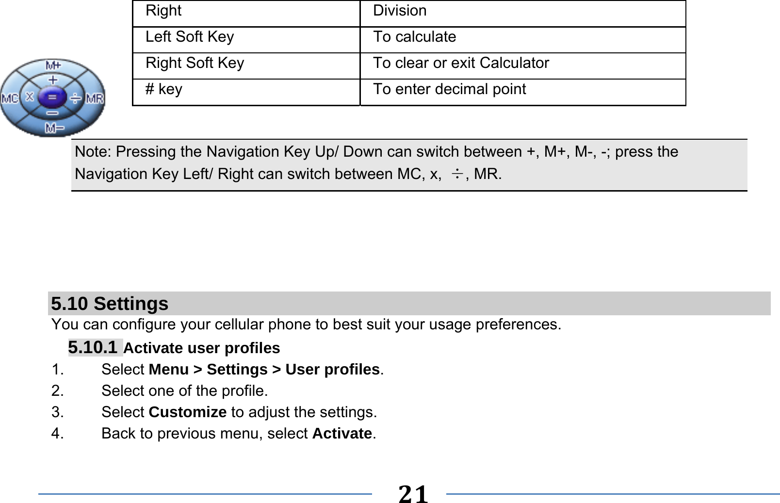   21      Note: Pressing the Navigation Key Up/ Down can switch between +, M+, M-, -; press the Navigation Key Left/ Right can switch between MC, x,  ÷, MR.     5.10 Settings You can configure your cellular phone to best suit your usage preferences. 5.10.1 Activate user profiles 1.   Select Menu &gt; Settings &gt; User profiles. 2.    Select one of the profile. 3.   Select Customize to adjust the settings. 4.    Back to previous menu, select Activate. Right Division Left Soft Key  To calculate Right Soft Key  To clear or exit Calculator # key  To enter decimal point 