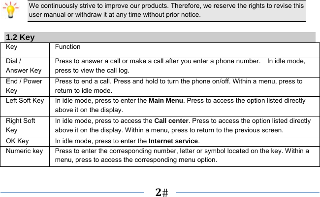   2    We continuously strive to improve our products. Therefore, we reserve the rights to revise this user manual or withdraw it at any time without prior notice.    1.2 Key Key Function  Dial / Answer Key Press to answer a call or make a call after you enter a phone number.    In idle mode, press to view the call log. End / Power Key Press to end a call. Press and hold to turn the phone on/off. Within a menu, press to return to idle mode. Left Soft Key In idle mode, press to enter the Main Menu. Press to access the option listed directly above it on the display. Right Soft Key In idle mode, press to access the Call center. Press to access the option listed directly above it on the display. Within a menu, press to return to the previous screen.   OK Key  In idle mode, press to enter the Internet service.  Numeric key Press to enter the corresponding number, letter or symbol located on the key. Within a menu, press to access the corresponding menu option.   