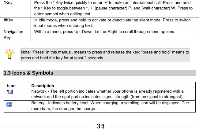   3   *Key  Press the * Key twice quickly to enter ‘+’ to make an international call. Press and hold the * Key to toggle between *, +, (pause character) P, and (wait character) W. Press to enter symbol when editing text. #Key  In idle mode, press and hold to activate or deactivate the silent mode. Press to switch input modes when entering text. Navigation Key Within a menu, press Up, Down, Left or Right to scroll through menu options.    Note: “Press” in this manual, means to press and release the key; “press and hold” means to press and hold the key for at least 2 seconds.  1.3 Icons &amp; Symbols  Icon Description  Network - The left portion indicates whether your phone is already registered with a network and the right portion indicates signal strength (from no signal to strongest).  Battery - Indicates battery level. When charging, a scrolling icon will be displayed. The more bars, the stronger the charge. 