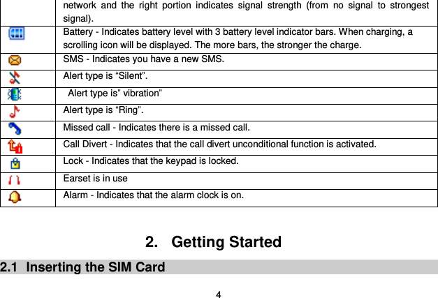  4 network  and  the  right  portion  indicates  signal  strength  (from  no  signal  to  strongest signal).  Battery - Indicates battery level with 3 battery level indicator bars. When charging, a scrolling icon will be displayed. The more bars, the stronger the charge.  SMS - Indicates you have a new SMS.    Alert type is “Silent”.    Alert type is” vibration”  Alert type is “Ring”.  Missed call - Indicates there is a missed call.  Call Divert - Indicates that the call divert unconditional function is activated.  Lock - Indicates that the keypad is locked.  Earset is in use  Alarm - Indicates that the alarm clock is on.  2.  Getting Started 2.1  Inserting the SIM Card 