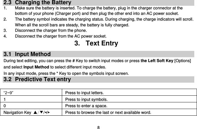  8 2.3  Charging the Battery 1.  Make sure the battery is inserted. To charge the battery, plug in the charger connector at the bottom of your phone (Charger port) and then plug the other end into an AC power socket. 2.  The battery symbol indicates the charging status. During charging, the charge indicators will scroll. When all the scroll bars are steady, the battery is fully charged.   3.  Disconnect the charger from the phone. 4.  Disconnect the charger from the AC power socket. 3.  Text Entry 3.1  Input Method During text editing, you can press the # Key to switch input modes or press the Left Soft Key [Options] and select Input Method to select different input modes. In any input mode, press the * Key to open the symbols input screen.   3.2  Predictive Text entry  “2~9”       Press to input letters. 1 Press to input symbols. 0 Press to enter a space. Navigation Key ▲/▼/◀/▶ Press to browse the last or next available word. 