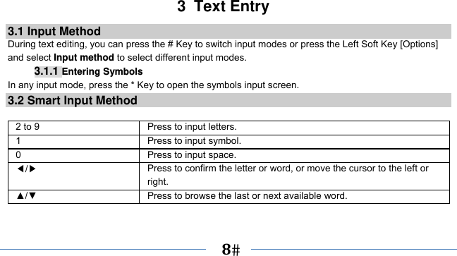      8   3 Text Entry 3.1 Input Method During text editing, you can press the # Key to switch input modes or press the Left Soft Key [Options] and select Input method to select different input modes. 3.1.1 Entering Symbols In any input mode, press the * Key to open the symbols input screen.   3.2 Smart Input Method  2 to 9  Press to input letters. 1  Press to input symbol. 0  Press to input space. ◀/▶ Press to confirm the letter or word, or move the cursor to the left or right. ▲/▼  Press to browse the last or next available word. 