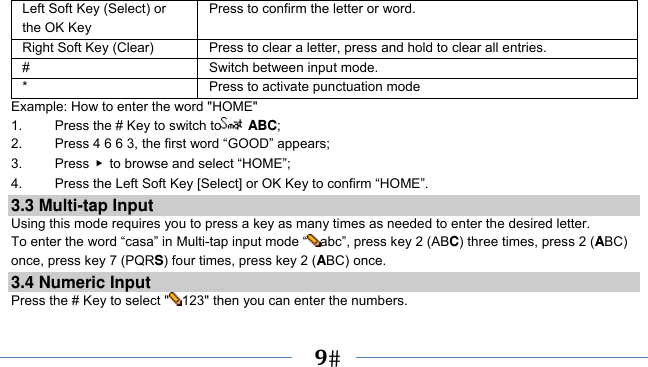      9   Left Soft Key (Select) or the OK Key Press to confirm the letter or word. Right Soft Key (Clear)  Press to clear a letter, press and hold to clear all entries. #  Switch between input mode. *  Press to activate punctuation mode Example: How to enter the word &quot;HOME&quot; 1.    Press the # Key to switch to  ABC; 2.    Press 4 6 6 3, the first word “GOOD” appears; 3.   Press ▶  to browse and select “HOME”; 4.    Press the Left Soft Key [Select] or OK Key to confirm “HOME”. 3.3 Multi-tap Input Using this mode requires you to press a key as many times as needed to enter the desired letter. To enter the word “casa” in Multi-tap input mode “ abc”, press key 2 (ABC) three times, press 2 (ABC) once, press key 7 (PQRS) four times, press key 2 (ABC) once. 3.4 Numeric Input Press the # Key to select &quot; 123&quot; then you can enter the numbers.   