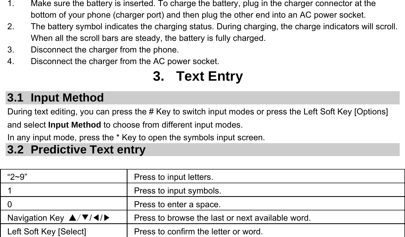  1.  Make sure the battery is inserted. To charge the battery, plug in the charger connector at the bottom of your phone (charger port) and then plug the other end into an AC power socket. 2.  The battery symbol indicates the charging status. During charging, the charge indicators will scroll. When all the scroll bars are steady, the battery is fully charged.   3.  Disconnect the charger from the phone. 4.  Disconnect the charger from the AC power socket. 3. Text Entry 3.1 Input Method During text editing, you can press the # Key to switch input modes or press the Left Soft Key [Options] and select Input Method to choose from different input modes. In any input mode, press the * Key to open the symbols input screen.   3.2 Predictive Text entry  “2~9”     Press to input letters. 1  Press to input symbols. 0  Press to enter a space. Navigation Key ▲/▼/◀/▶  Press to browse the last or next available word. Left Soft Key [Select]  Press to confirm the letter or word. 