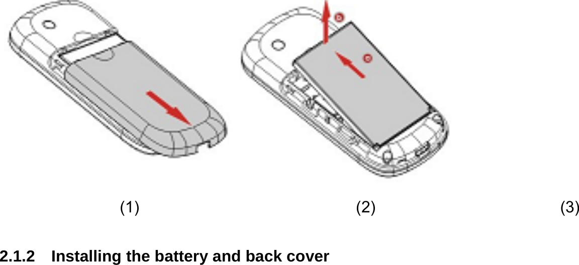                     (1)                           (2)                       (3)  2.1.2  Installing the battery and back cover          