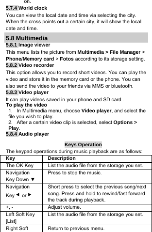 on. 5.7.4 World clock You can view the local date and time via selecting the city. When the cross points out a certain city, it will show the local date and time. 5.8 Multimedia 5.8.1 Image viewer This menu lists the picture from Multimedia &gt; File Manager &gt; Phone/Memory card &gt; Fotos according to its storage setting. 5.8.2 Video recorder This option allows you to record short videos. You can play the video and store it in the memory card or the phone. You can also send the video to your friends via MMS or bluetooth. 5.8.3 Video player It can play videos saved in your phone and SD card . To play the video  1.   In Multimedia menu, choose Video player, and select the file you wish to play.  2.   After a certain video clip is selected, select Options &gt; Play.  5.8.4 Audio player Keys Operation The keypad operations during music playback are as follows: Key Description The OK Key   List the audio file from the storage you set. Navigation Key Down ▼ Press to stop the music. Navigation Key ◀or ▶ Short press to select the previous song/next song. Press and hold to rewind/fast forward the track during playback. +, -  Adjust volume.  Left Soft Key [List] List the audio file from the storage you set. Right Soft  Return to previous menu. 