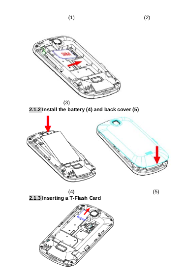 4 (1)                                         (2)                             (3) 2.1.2 Install the battery (4) and back cover (5)                            (4)                                                       (5) 2.1.3 Inserting a T-Flash Card     