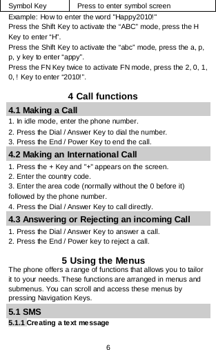 6 Symbol Key Press to enter symbol screen Example: How to enter the word &quot;Happy2010!&quot; Press the Shift Key to activate the “ABC” mode, press the H Key to enter “H”. Press the Shift Key to activate the “abc” mode, press the a, p, p, y key to enter “appy”. Press the FN Key twice to activate FN mode, press the 2, 0, 1, 0, ! Key to enter “2010!”.  4 Call functions 4.1 Making a Call 1. In idle mode, enter the phone number. 2. Press the Dial / Answer Key to dial the number. 3. Press the End / Power Key to end the call. 4.2 Making an International Call 1. Press the + Key and &quot;+&quot; appears on the screen. 2. Enter the country code. 3. Enter the area code (normally without the 0 before it) followed by the phone number. 4. Press the Dial / Answer Key to call directly. 4.3 Answering or Rejecting an incoming Call 1. Press the Dial / Answer Key to answer a call. 2. Press the End / Power key to reject a call.  5 Using the Menus The phone offers a range of functions that allows you to tailor it to your needs. These functions are arranged in menus and submenus. You can scroll and access these menus by pressing Navigation Keys.  5.1 SMS 5.1.1 Creating a text message 