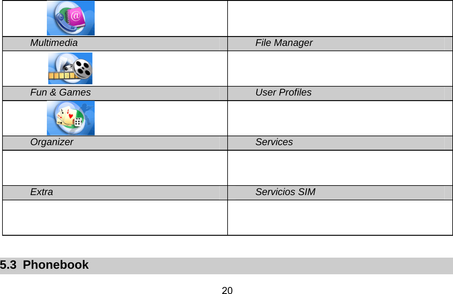       20  Multimedia File Manager   Fun &amp; Games User Profiles   Organizer Services   Extra  Servicios SIM    5.3 Phonebook 