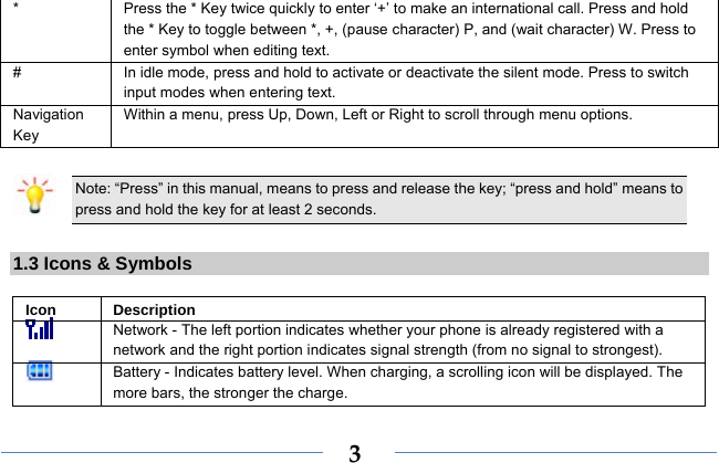  3*  Press the * Key twice quickly to enter ‘+’ to make an international call. Press and hold the * Key to toggle between *, +, (pause character) P, and (wait character) W. Press to enter symbol when editing text. #  In idle mode, press and hold to activate or deactivate the silent mode. Press to switch input modes when entering text. Navigation Key Within a menu, press Up, Down, Left or Right to scroll through menu options.    Note: “Press” in this manual, means to press and release the key; “press and hold” means to press and hold the key for at least 2 seconds.  1.3 Icons &amp; Symbols  Icon Description  Network - The left portion indicates whether your phone is already registered with a network and the right portion indicates signal strength (from no signal to strongest).  Battery - Indicates battery level. When charging, a scrolling icon will be displayed. The more bars, the stronger the charge. 