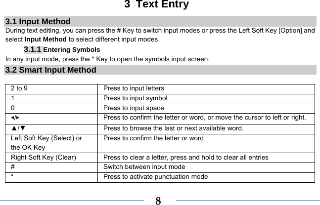  83 Text Entry 3.1 Input Method During text editing, you can press the # Key to switch input modes or press the Left Soft Key [Option] and select Input Method to select different input modes. 3.1.1 Entering Symbols In any input mode, press the * Key to open the symbols input screen.   3.2 Smart Input Method  2 to 9  Press to input letters 1  Press to input symbol 0  Press to input space ◀/▶ Press to confirm the letter or word, or move the cursor to left or right. ▲/▼  Press to browse the last or next available word. Left Soft Key (Select) or the OK Key Press to confirm the letter or word Right Soft Key (Clear)  Press to clear a letter, press and hold to clear all entries #  Switch between input mode *  Press to activate punctuation mode 