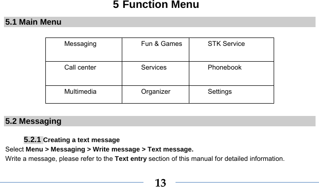    135 Function Menu 5.1 Main Menu  Messaging  Fun &amp; Games STK Service  Call center  Services  Phonebook Multimedia Organizer Settings        5.2 Messaging  5.2.1 Creating a text message Select Menu &gt; Messaging &gt; Write message &gt; Text message. Write a message, please refer to the Text entry section of this manual for detailed information. 