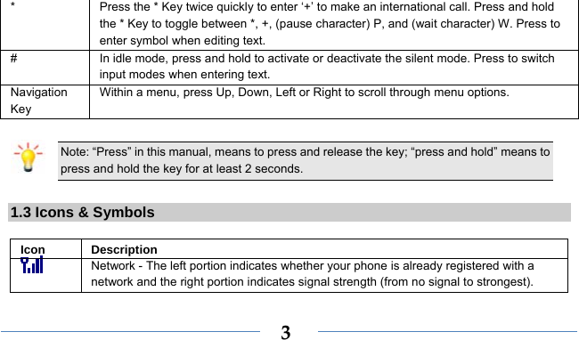    3*  Press the * Key twice quickly to enter ‘+’ to make an international call. Press and hold the * Key to toggle between *, +, (pause character) P, and (wait character) W. Press to enter symbol when editing text. #  In idle mode, press and hold to activate or deactivate the silent mode. Press to switch input modes when entering text. Navigation Key Within a menu, press Up, Down, Left or Right to scroll through menu options.    Note: “Press” in this manual, means to press and release the key; “press and hold” means to press and hold the key for at least 2 seconds.  1.3 Icons &amp; Symbols  Icon Description  Network - The left portion indicates whether your phone is already registered with a network and the right portion indicates signal strength (from no signal to strongest). 