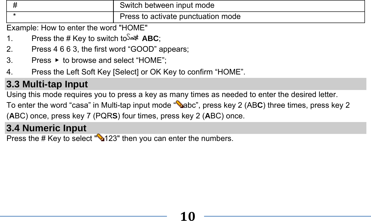      10   #  Switch between input mode *  Press to activate punctuation mode Example: How to enter the word &quot;HOME&quot; 1.    Press the # Key to switch to  ABC; 2.    Press 4 6 6 3, the first word “GOOD” appears; 3.   Press ▶  to browse and select “HOME”; 4.    Press the Left Soft Key [Select] or OK Key to confirm “HOME”. 3.3 Multi-tap Input Using this mode requires you to press a key as many times as needed to enter the desired letter. To enter the word “casa” in Multi-tap input mode “ abc”, press key 2 (ABC) three times, press key 2 (ABC) once, press key 7 (PQRS) four times, press key 2 (ABC) once. 3.4 Numeric Input Press the # Key to select &quot; 123&quot; then you can enter the numbers.    