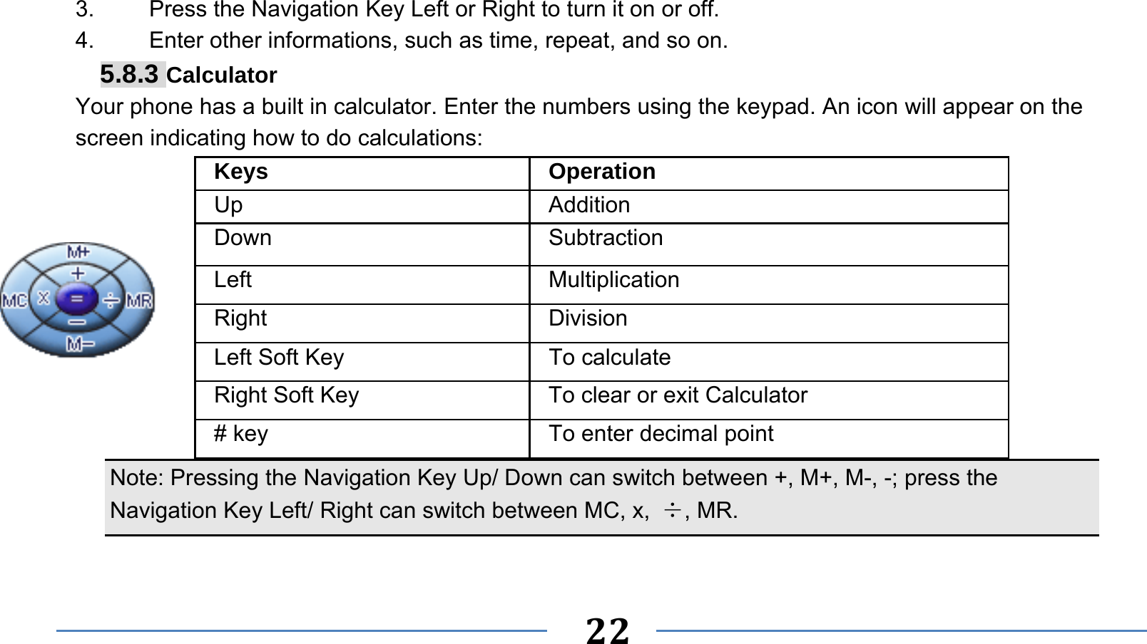      22   3.    Press the Navigation Key Left or Right to turn it on or off. 4.    Enter other informations, such as time, repeat, and so on. 5.8.3 Calculator Your phone has a built in calculator. Enter the numbers using the keypad. An icon will appear on the screen indicating how to do calculations:    Note: Pressing the Navigation Key Up/ Down can switch between +, M+, M-, -; press the Navigation Key Left/ Right can switch between MC, x,  ÷, MR.  Keys Operation Up Addition Down Subtraction Left Multiplication Right Division Left Soft Key  To calculate Right Soft Key  To clear or exit Calculator # key  To enter decimal point 