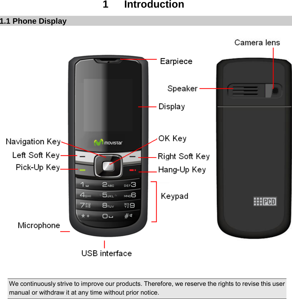  1   Introduction 1.1 Phone Display   We continuously strive to improve our products. Therefore, we reserve the rights to revise this user manual or withdraw it at any time without prior notice.    