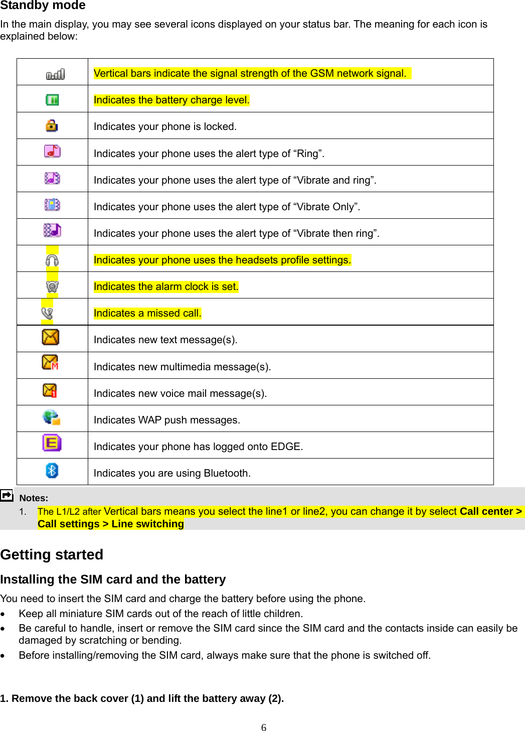 6 Standby mode In the main display, you may see several icons displayed on your status bar. The meaning for each icon is explained below:    Vertical bars indicate the signal strength of the GSM network signal.    Indicates the battery charge level.  Indicates your phone is locked.  Indicates your phone uses the alert type of “Ring”.  Indicates your phone uses the alert type of “Vibrate and ring”.  Indicates your phone uses the alert type of “Vibrate Only”.  Indicates your phone uses the alert type of “Vibrate then ring”.  Indicates your phone uses the headsets profile settings.  Indicates the alarm clock is set.  Indicates a missed call.  Indicates new text message(s).  Indicates new multimedia message(s).  Indicates new voice mail message(s).  Indicates WAP push messages.  Indicates your phone has logged onto EDGE.  Indicates you are using Bluetooth.  Notes:   1.  The L1/L2 after Vertical bars means you select the line1 or line2, you can change it by select Call center &gt; Call settings &gt; Line switching  Getting started Installing the SIM card and the battery You need to insert the SIM card and charge the battery before using the phone. •  Keep all miniature SIM cards out of the reach of little children. •  Be careful to handle, insert or remove the SIM card since the SIM card and the contacts inside can easily be damaged by scratching or bending. •  Before installing/removing the SIM card, always make sure that the phone is switched off.   1. Remove the back cover (1) and lift the battery away (2). 