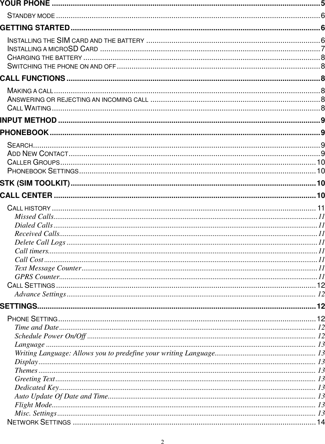 2 YOUR PHONE ................................................................................................................................ 5 STANDBY MODE .............................................................................................................................. 6 GETTING STARTED ....................................................................................................................... 6 INSTALLING THE SIM CARD AND THE BATTERY ................................................................................... 6 INSTALLING A MICROSD CARD ......................................................................................................... 7 CHARGING THE BATTERY ................................................................................................................. 8 SWITCHING THE PHONE ON AND OFF ................................................................................................. 8 CALL FUNCTIONS ......................................................................................................................... 8 MAKING A CALL ............................................................................................................................... 8 ANSWERING OR REJECTING AN INCOMING CALL ................................................................................. 8 CALL WAITING ................................................................................................................................ 8 INPUT METHOD ............................................................................................................................. 9 PHONEBOOK ................................................................................................................................. 9 SEARCH ......................................................................................................................................... 9 ADD NEW CONTACT ........................................................................................................................ 9 CALLER GROUPS .......................................................................................................................... 10 PHONEBOOK SETTINGS ................................................................................................................. 10 STK (SIM TOOLKIT) ..................................................................................................................... 10 CALL CENTER ............................................................................................................................. 10 CALL HISTORY .............................................................................................................................. 11 Missed Calls ............................................................................................................................................. 11 Dialed Calls ............................................................................................................................................. 11 Received Calls.......................................................................................................................................... 11 Delete Call Logs ...................................................................................................................................... 11 Call timers................................................................................................................................................ 11 Call Cost .................................................................................................................................................. 11 Text Message Counter .............................................................................................................................. 11 GPRS Counter.......................................................................................................................................... 11 CALL SETTINGS ............................................................................................................................ 12 Advance Settings ..................................................................................................................................... 12 SETTINGS..................................................................................................................................... 12 PHONE SETTING ........................................................................................................................... 12 Time and Date ......................................................................................................................................... 12 Schedule Power On/Off .......................................................................................................................... 12 Language ................................................................................................................................................ 13 Writing Language: Allows you to predefine your writing Language...................................................... 13 Display .................................................................................................................................................... 13 Themes .................................................................................................................................................... 13 Greeting Text ........................................................................................................................................... 13 Dedicated Key ......................................................................................................................................... 13 Auto Update Of Date and Time ............................................................................................................... 13 Flight Mode............................................................................................................................................. 13 Misc. Settings .......................................................................................................................................... 13 NETWORK SETTINGS .................................................................................................................... 14 