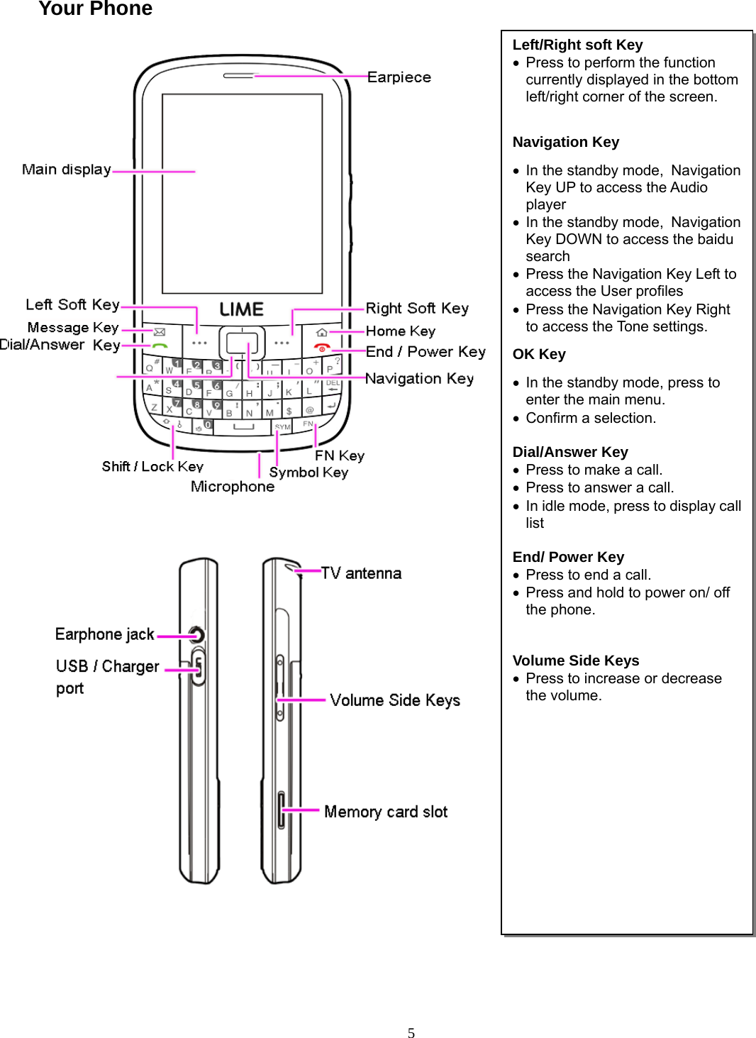 5 Your Phone                   Left/Right soft Key  •  Press to perform the function currently displayed in the bottom left/right corner of the screen.  Navigation Key •  In the standby mode, Navigation Key UP to access the Audio player •  In the standby mode, Navigation Key DOWN to access the baidu search •  Press the Navigation Key Left to access the User profiles •  Press the Navigation Key Right to access the Tone settings. OK Key •  In the standby mode, press to enter the main menu. •  Confirm a selection.  Dial/Answer Key •  Press to make a call. •  Press to answer a call. •  In idle mode, press to display call list  End/ Power Key •  Press to end a call. •  Press and hold to power on/ off the phone.   Volume Side Keys •  Press to increase or decrease the volume. 