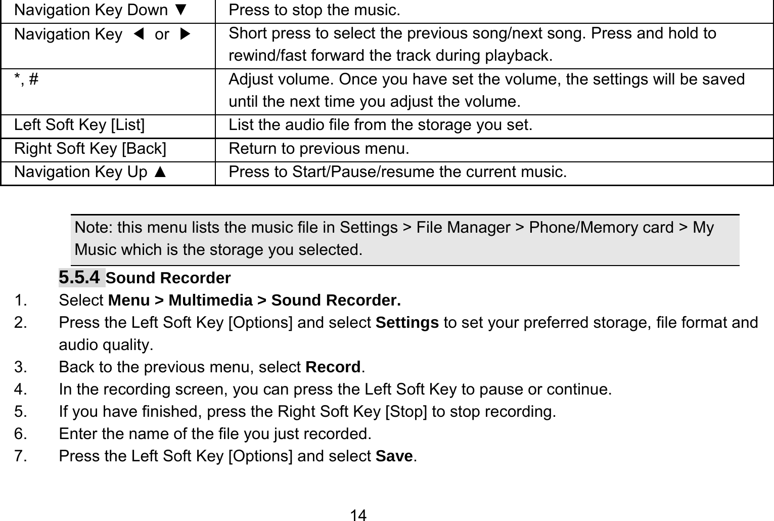   14Navigation Key Down ▼  Press to stop the music. Navigation Key  ◀ or ▶   Short press to select the previous song/next song. Press and hold to   rewind/fast forward the track during playback. *, #  Adjust volume. Once you have set the volume, the settings will be saved until the next time you adjust the volume. Left Soft Key [List] List the audio file from the storage you set. Right Soft Key [Back] Return to previous menu. Navigation Key Up ▲  Press to Start/Pause/resume the current music.  Note: this menu lists the music file in Settings &gt; File Manager &gt; Phone/Memory card &gt; My Music which is the storage you selected. 5.5.4 Sound Recorder 1. Select Menu &gt; Multimedia &gt; Sound Recorder. 2.  Press the Left Soft Key [Options] and select Settings to set your preferred storage, file format and audio quality. 3.  Back to the previous menu, select Record. 4.  In the recording screen, you can press the Left Soft Key to pause or continue. 5.  If you have finished, press the Right Soft Key [Stop] to stop recording. 6.  Enter the name of the file you just recorded. 7.  Press the Left Soft Key [Options] and select Save.  