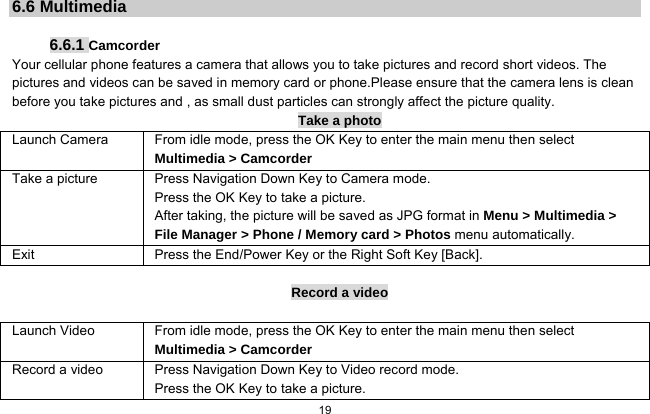  19  6.6 Multimedia  6.6.1 Camcorder Your cellular phone features a camera that allows you to take pictures and record short videos. The pictures and videos can be saved in memory card or phone.Please ensure that the camera lens is clean before you take pictures and , as small dust particles can strongly affect the picture quality. Take a photo Launch Camera  From idle mode, press the OK Key to enter the main menu then select Multimedia &gt; Camcorder Take a picture Press Navigation Down Key to Camera mode. Press the OK Key to take a picture. After taking, the picture will be saved as JPG format in Menu &gt; Multimedia &gt; File Manager &gt; Phone / Memory card &gt; Photos menu automatically.   Exit  Press the End/Power Key or the Right Soft Key [Back].  Record a video  Launch Video  From idle mode, press the OK Key to enter the main menu then select Multimedia &gt; Camcorder Record a video Press Navigation Down Key to Video record mode. Press the OK Key to take a picture. 