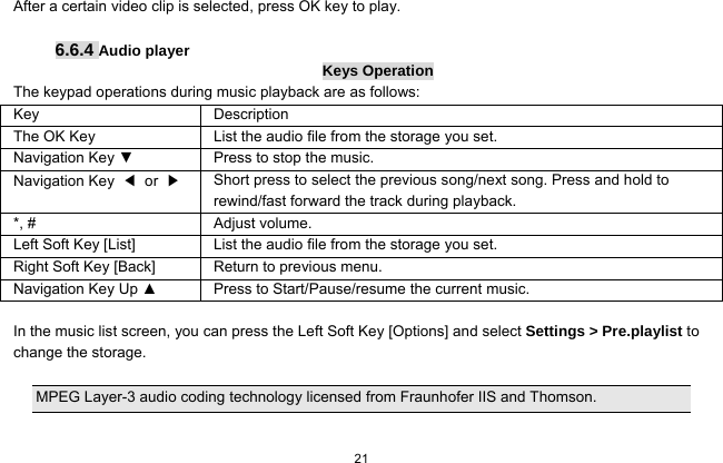  21  After a certain video clip is selected, press OK key to play.  6.6.4 Audio player Keys Operation The keypad operations during music playback are as follows: Key Description The OK Key    List the audio file from the storage you set. Navigation Key ▼  Press to stop the music. Navigation Key  ◀ or ▶ Short press to select the previous song/next song. Press and hold to   rewind/fast forward the track during playback. *, #  Adjust volume.   Left Soft Key [List] List the audio file from the storage you set. Right Soft Key [Back] Return to previous menu. Navigation Key Up ▲  Press to Start/Pause/resume the current music.  In the music list screen, you can press the Left Soft Key [Options] and select Settings &gt; Pre.playlist to change the storage.  MPEG Layer-3 audio coding technology licensed from Fraunhofer IIS and Thomson. 