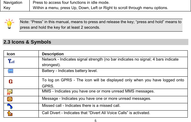  5  Navigation Key Press to access four functions in idle mode. Within a menu, press Up, Down, Left or Right to scroll through menu options.    Note: “Press” in this manual, means to press and release the key; “press and hold” means to press and hold the key for at least 2 seconds.  2.3 Icons &amp; Symbols  Icon Description  Network - Indicates signal strength (no bar indicates no signal; 4 bars indicate strongest).  Battery - Indicates battery level.   To log on GPRS - The icon will be displayed only when you have logged onto GPRS.  MMS - Indicates you have one or more unread MMS messages.    Message - Indicates you have one or more unread messages. Missed call - Indicates there is a missed call.  Call Divert - Indicates that “Divert All Voice Calls” is activated. 