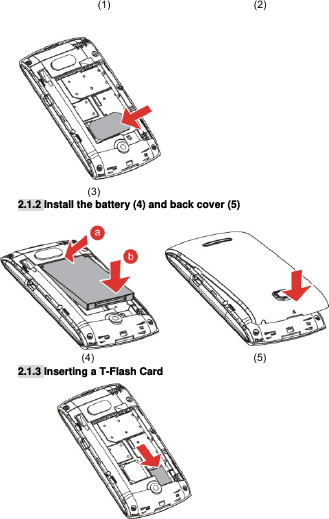 (1)                                           (2)                              (3) 2.1.2 Install the battery (4) and back cover (5)                           (4)                                                       (5) 2.1.3 Inserting a T-Flash Card     