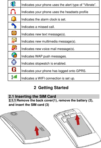  Indicates your phone uses the alert type of “Vibrate”.  Indicates your phone uses the headsets profile settings.  Indicates the alarm clock is set.  Indicates a missed call.  Indicates new text message(s).   Indicates new multimedia message(s).   Indicates new voice mail message(s).  Indicates WAP push messages.  Indicates stopwatch is enabled.  Indicates your phone has logged onto GPRS.  Indicates a WIFI connection is set up.  2 Getting Started 2.1 Inserting the SIM Card 2.1.1 Remove the back cover(1), remove the battery (2), and insert the SIM card (3)           