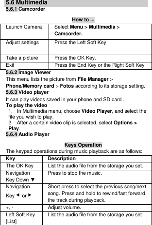 5.6 Multimedia 5.6.1 Camcorder How to ... Launch Camera  Select Menu &gt; Multimedia &gt; Camcorder. Adjust settings Press the Left Soft Key  Take a picture Press the OK Key. Exit  Press the End Key or the Right Soft Key  5.6.2 Image Viewer This menu lists the picture from File Manager &gt; Phone/Memory card &gt; Fotos according to its storage setting. 5.6.3 Video player It can play videos saved in your phone and SD card . To play the video  1.   In Multimedia menu, choose Video Player, and select the file you wish to play.  2.   After a certain video clip is selected, select Options &gt; Play.  5.6.4 Audio Player Keys Operation The keypad operations during music playback are as follows: Key Description The OK Key  List the audio file from the storage you set. Navigation Key Down ▼ Press to stop the music. Navigation Key ◀ or ▶ Short press to select the previous song/next song. Press and hold to rewind/fast forward the track during playback. +, - Adjust volume.  Left Soft Key [List] List the audio file from the storage you set. 