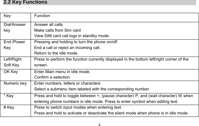   4  2.2 Key Functions  Key Function  Dial/Answer key Answer all calls   Make calls from Sim card View SIM card call logs in standby mode. End /Power Key Pressing and holding to turn the phone on/off. End a call or reject an incoming call. Return to the idle mode. Left/Right Soft Key Press to perform the function currently displayed in the bottom left/right corner of the screen. OK Key  Enter Main menu in idle mode.   Confirm a selection. Numeric key Enter numbers, letters or characters.   Select a submenu item labeled with the corresponding number. * Key  Press and hold to toggle between +, (pause character) P, and (wait character) W when entering phone numbers in idle mode. Press to enter symbol when editing text. # Key  Press to switch input modes when entering text. Press and hold to activate or deactivate the silent mode when phone is in idle mode. 