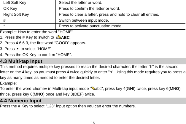   15  Left Soft Key Select the letter or word. OK Key  Press to confirm the letter or word. Right Soft Key   Press to clear a letter, press and hold to clear all entries. #  Switch between input mode. * Press to activate punctuation mode. Example: How to enter the word &quot;HOME&quot; 1. Press the # Key to switch to  ABC. 2. Press 4 6 6 3, the first word “GOOD” appears. 3. Press  ▶  to select “HOME”. 4. Press the OK Key to confirm “HOME”. 4.3 Multi-tap Input This method requires multiple key presses to reach the desired character: the letter &quot;h&quot; is the second letter on the 4 key, so you must press 4 twice quickly to enter &quot;h&quot;. Using this mode requires you to press a key as many times as needed to enter the desired letter. Example: To enter the word «home» in Multi-tap input mode “ abc”, press key 4(GHI) twice, press key 6(MNO) thrice, press key 6(MNO) once and key 3(DEF) twice. 4.4 Numeric Input Press the # Key to select &quot;123&quot; input option then you can enter the numbers.    