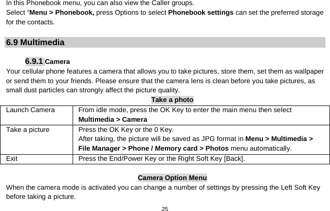   25  In this Phonebook menu, you can also view the Caller groups. Select “Menu &gt; Phonebook, press Options to select Phonebook settings can set the preferred storage for the contacts.  6.9 Multimedia  6.9.1 Camera Your cellular phone features a camera that allows you to take pictures, store them, set them as wallpaper or send them to your friends. Please ensure that the camera lens is clean before you take pictures, as small dust particles can strongly affect the picture quality. Take a photo Launch Camera   From idle mode, press the OK Key to enter the main menu then select Multimedia &gt; Camera Take a picture Press the OK Key or the 0 Key. After taking, the picture will be saved as JPG format in Menu &gt; Multimedia &gt; File Manager &gt; Phone / Memory card &gt; Photos menu automatically.   Exit  Press the End/Power Key or the Right Soft Key [Back].  Camera Option Menu When the camera mode is activated you can change a number of settings by pressing the Left Soft Key   before taking a picture. 