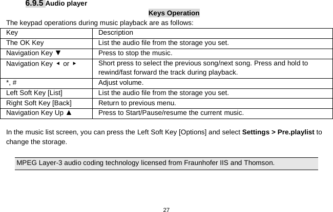   27  6.9.5 Audio player Keys Operation The keypad operations during music playback are as follows: Key Description The OK Key    List the audio file from the storage you set. Navigation Key ▼ Press to stop the music. Navigation Key ◀ or ▶    Short press to select the previous song/next song. Press and hold to   rewind/fast forward the track during playback. *, # Adjust volume.   Left Soft Key [List] List the audio file from the storage you set. Right Soft Key [Back] Return to previous menu. Navigation Key Up ▲ Press to Start/Pause/resume the current music.  In the music list screen, you can press the Left Soft Key [Options] and select Settings &gt; Pre.playlist to change the storage.  MPEG Layer-3 audio coding technology licensed from Fraunhofer IIS and Thomson. 