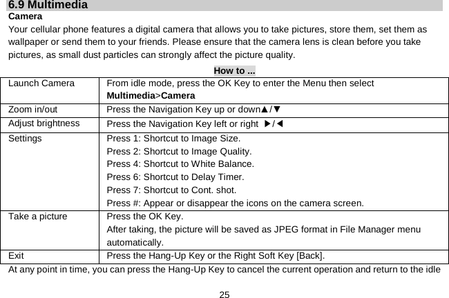   25 6.9 Multimedia Camera   Your cellular phone features a digital camera that allows you to take pictures, store them, set them as wallpaper or send them to your friends. Please ensure that the camera lens is clean before you take pictures, as small dust particles can strongly affect the picture quality. How to ... Launch Camera   From idle mode, press the OK Key to enter the Menu then select Multimedia&gt;Camera Zoom in/out Press the Navigation Key up or down▲/▼ Adjust brightness Press the Navigation Key left or right  ▶/◀ Settings    Press 1: Shortcut to Image Size. Press 2: Shortcut to Image Quality. Press 4: Shortcut to White Balance. Press 6: Shortcut to Delay Timer. Press 7: Shortcut to Cont. shot. Press #: Appear or disappear the icons on the camera screen. Take a picture Press the OK Key. After taking, the picture will be saved as JPEG format in File Manager menu automatically.   Exit   Press the Hang-Up Key or the Right Soft Key [Back]. At any point in time, you can press the Hang-Up Key to cancel the current operation and return to the idle 