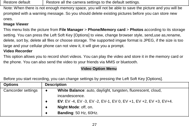   27 Restore default Restore all the camera settings to the default settings. Note: When there is not enough memory space, you will not be able to save the picture and you will be prompted with a warning message. So you should delete existing pictures before you can store new ones.   Image Viewer This menu lists the picture from File Manager &gt; Phone/Memory card &gt; Photos according to its storage setting. You can press the Left Soft Key [Options] to view, change browser style, send,use as,rename, delete, sort by, delete all files or choose storage. The supported imgae format is JPEG, if the size is too large and your cellular phone can not view it, it will give you a prompt. Video Recorder This option allows you to record short videos. You can play the video and store it in the memory card or the phone. You can also send the video to your friends via MMS or bluetooth. Video Option Menu  Before you start recording, you can change settings by pressing the Left Soft Key [Options]. Options  Description Camcorder settings ♦ White Balance: auto, daylight, tungsten, fluorescent, cloud, incandescence. ♦ EV: EV -4, EV -3, EV -2, EV-1, EV 0, EV +1, EV +2, EV +3, EV+4. ♦ Night Mode: off, on. ♦ Banding: 50 Hz, 60Hz. 