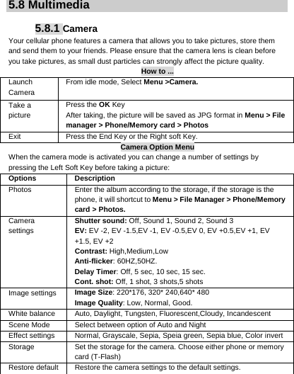     5.8 Multimedia  5.8.1 Camera Your cellular phone features a camera that allows you to take pictures, store them and send them to your friends. Please ensure that the camera lens is clean before you take pictures, as small dust particles can strongly affect the picture quality. How to ... Launch Camera  From idle mode, Select Menu &gt;Camera.Take a picture Press the OK Key After taking, the picture will be saved as JPG format in Menu &gt; File manager &gt; Phone/Memory card &gt; Photos Exit    Press the End Key or the Right soft Key. Camera Option Menu When the camera mode is activated you can change a number of settings by pressing the Left Soft Key before taking a picture:   Options   DescriptionPhotos  Enter the album according to the storage, if the storage is the phone, it will shortcut to Menu &gt; File Manager &gt; Phone/Memory card &gt; Photos. Camera settings Shutter sound: Off, Sound 1, Sound 2, Sound 3 EV: EV -2, EV -1.5,EV -1, EV -0.5,EV 0, EV +0.5,EV +1, EV +1.5, EV +2 Contrast: High,Medium,Low Anti-flicker: 60HZ,50HZ. Delay Timer: Off, 5 sec, 10 sec, 15 sec. Cont. shot: Off, 1 shot, 3 shots,5 shots Image settings  Image Size: 220*176, 320* 240,640* 480 Image Quality: Low, Normal, Good. White balance  Auto, Daylight, Tungsten, Fluorescent,Cloudy, Incandescent Scene Mode  Select between option of Auto and Night Effect settings  Normal, Grayscale, Sepia, Speia green, Sepia blue, Color invert Storage    Set the storage for the camera. Choose either phone or memory card (T-Flash) Restore default  Restore the camera settings to the default settings. 